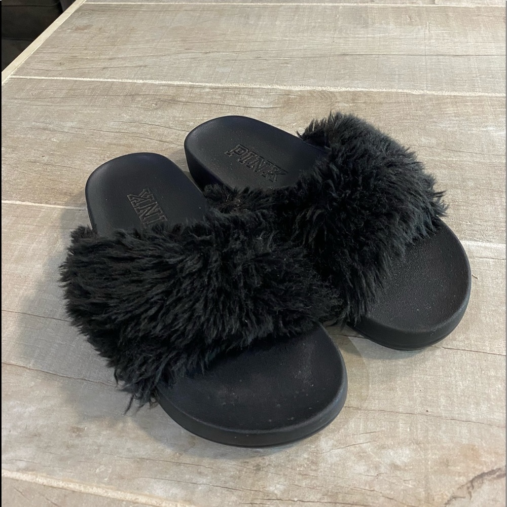 VS Pink Fluffy Black Slipper Slides
